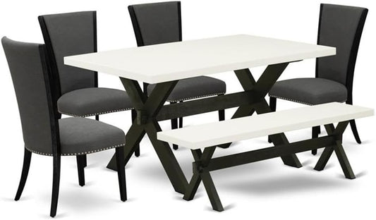East West Furniture X626VE650-6 6 Piece Dining Set Contains a Rectangle Dining Room Table with X-Legs and 4 Dark Gotham Linen Fabric Parson Chairs with a Bench, 36x60 Inch, Multi-Color