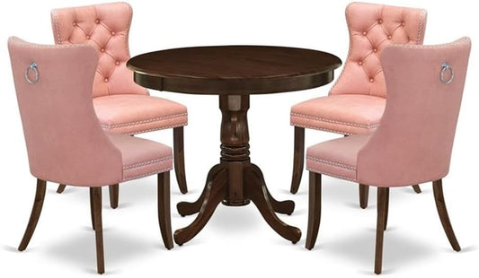 East West Furniture ANDA5-AWA-23 5 Piece Dinette Set Consists of a Round Dining Table with Pedestal and 4 Polyester Fabric Parson Kitchen Chairs, 36x36 Inch, Antique Walnut