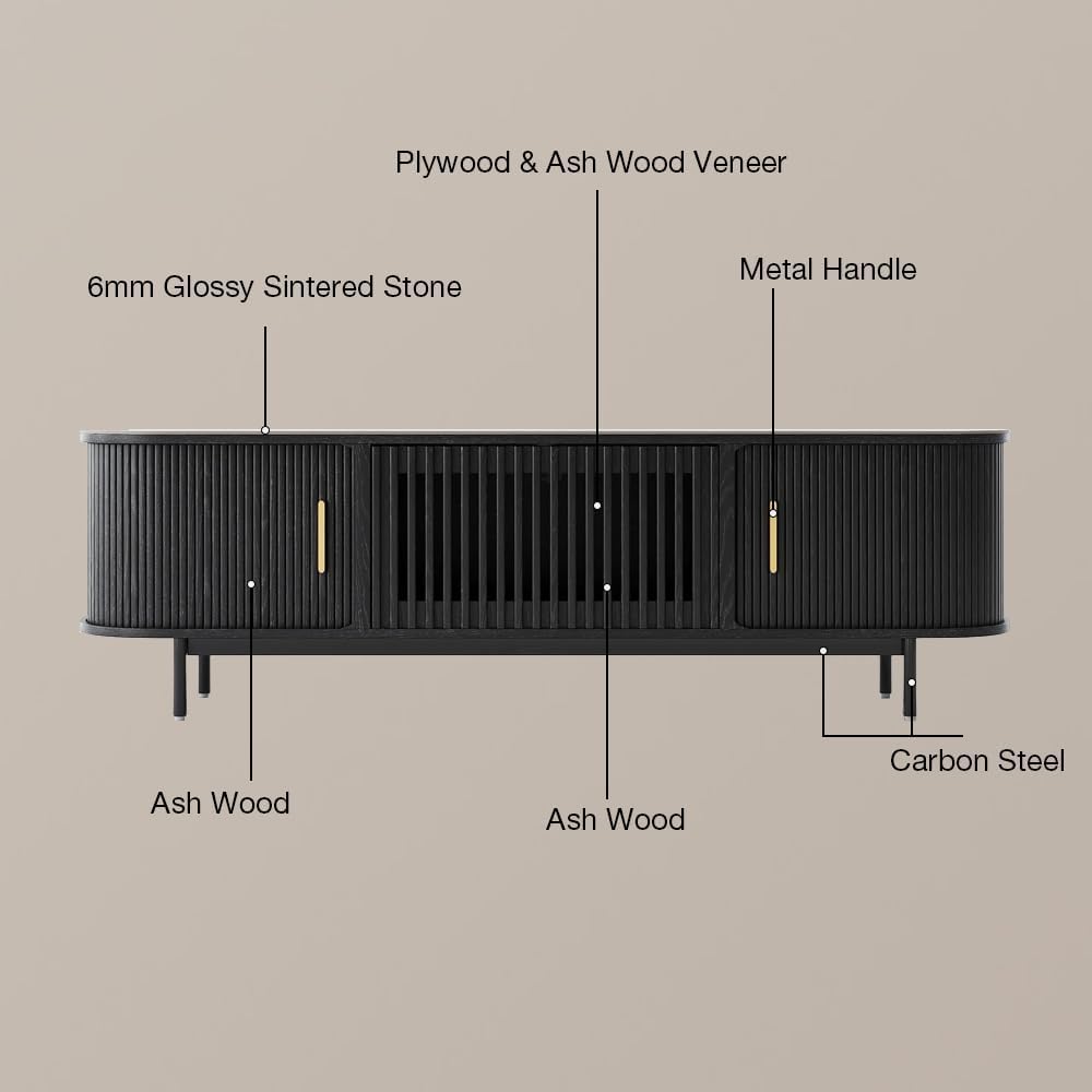 POVISON Sliding Tambour Door TV Stand, Mid Century Modern Sintered Stone TV Console, Wood Media Console for 85 Inch TV, Entertainment Center with Storage Cabinet, Fully-Assembled (Black, 94.49")