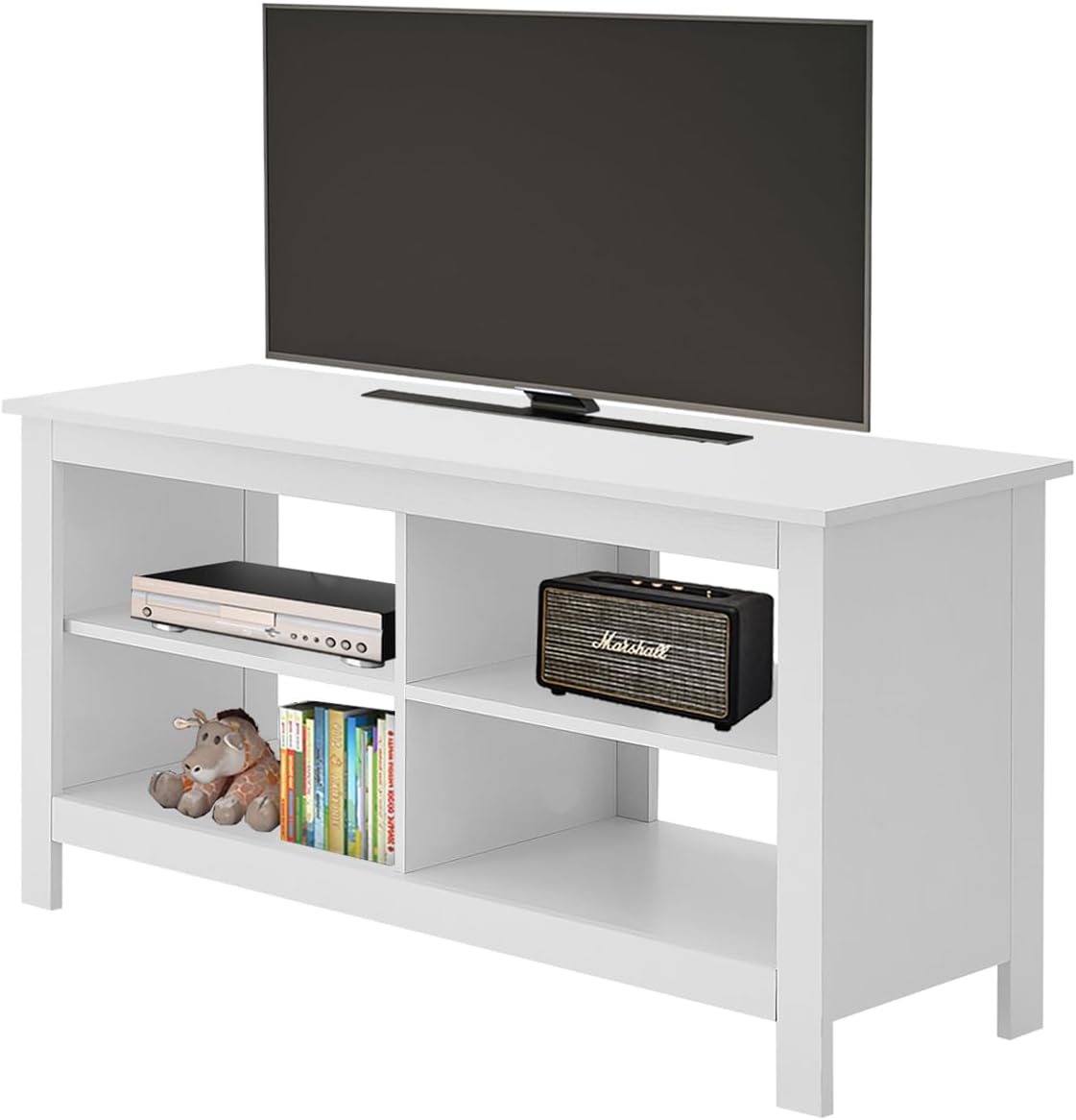 43 Inches TV Stand,Mid Century Modern Entertainment Center with 4 Open Shelves Farmhouse TV Media Console Table for Living Room,Bedroom,Television Stand up to 50 Inches(White)