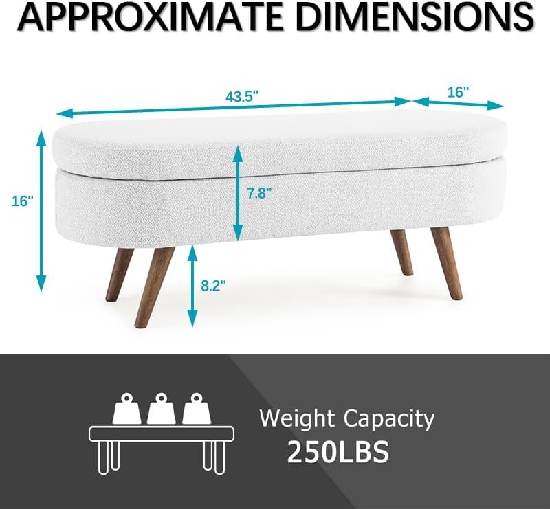 Oval Storage Bench 43.5" Linen Fabric Upholstered Entryway Bench with Solid Wood Legs Ottoman Bench Indoor Bench for Living Room/Bedroom/End of Bed/Entryway (White)