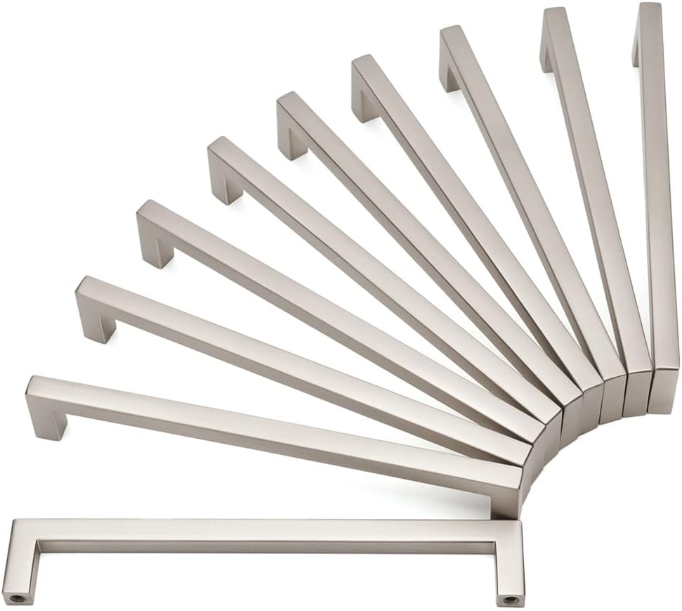KOOFIZO Solid Square Bar Cabinet Handle - Brushed Nickel Furniture Pull, 6.3 Inch/160mm Screwhole Distance, 10-Pack for Kitchen Cupboard Door, Bedroom Dresser Drawer, Bathroom Wardrobe Hardware