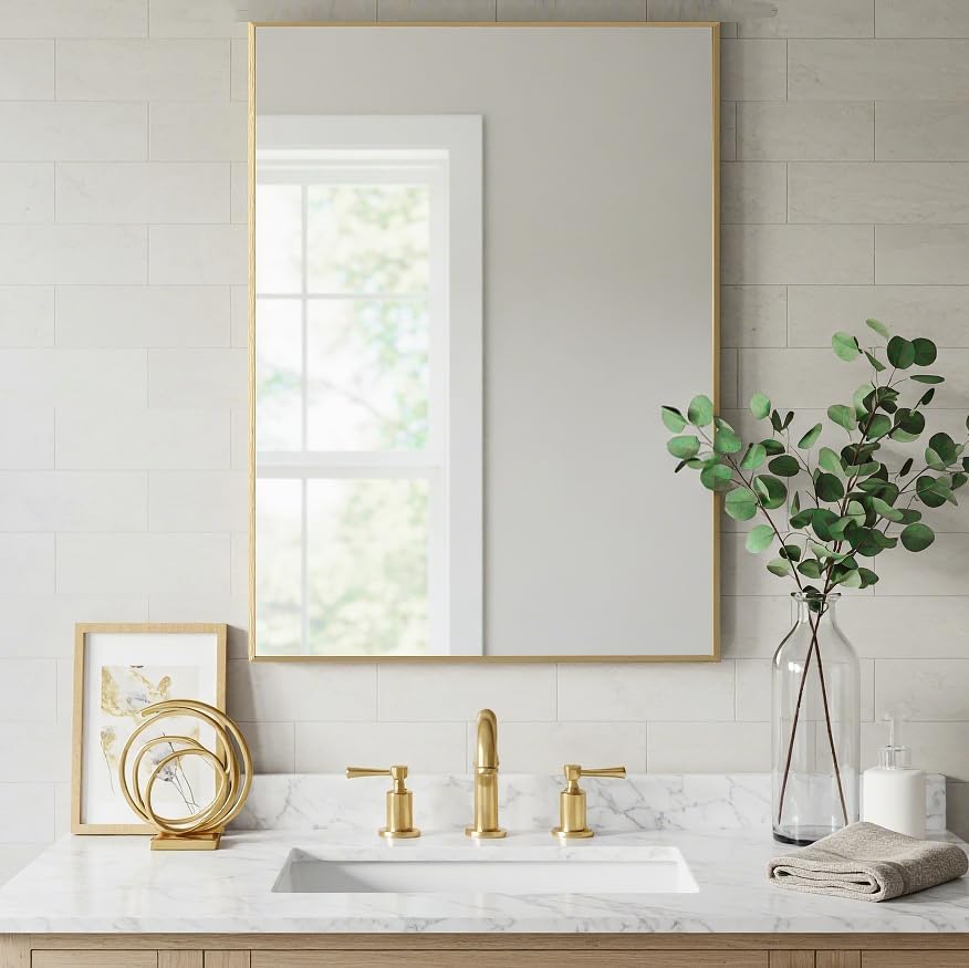 24x30 Inch Gold Bathroom Mirror - Copper-Free Mirror, Aluminum Alloy Frame Vanity Rectangle Wall Mounted Modern Mirror for Bedroom/Living Room/Porch Horizontal or Vertical