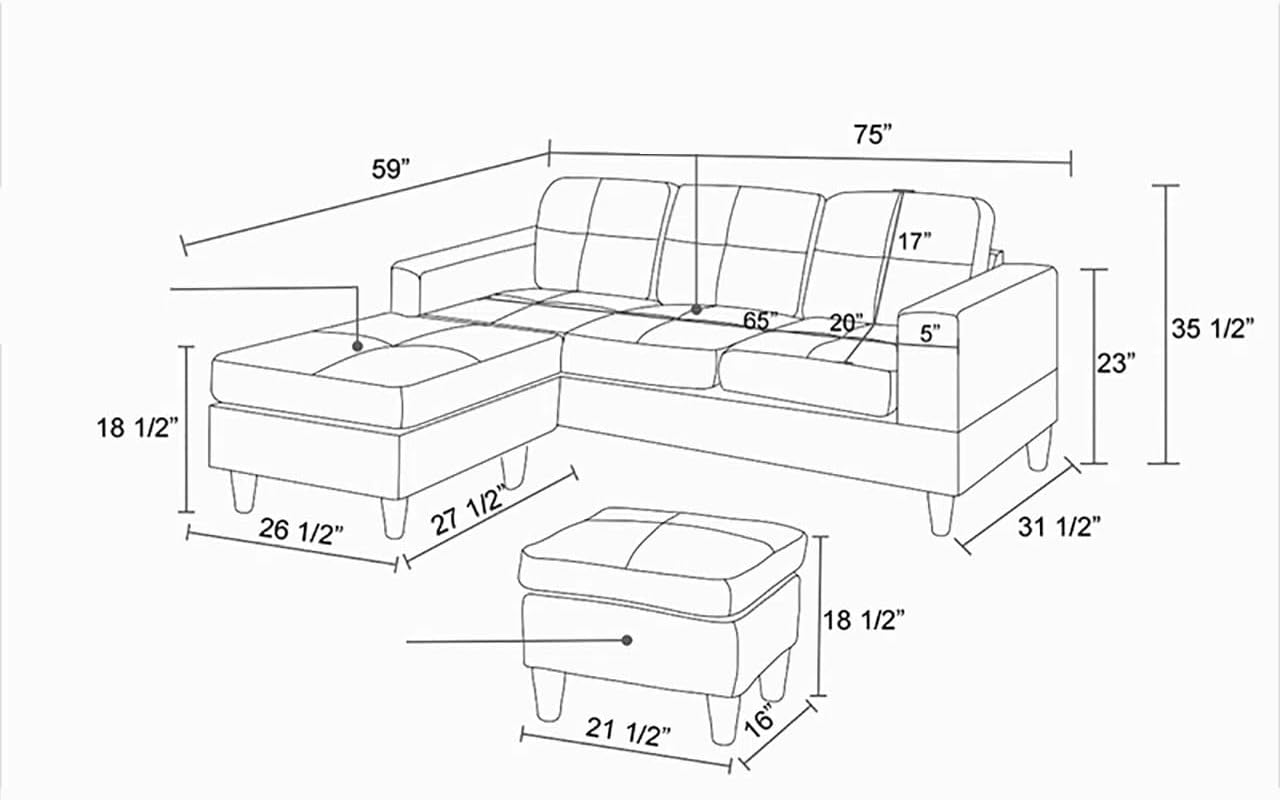 L Shaped Sofa with Ottoman, Modern Faux Leather Couch with Chaise, 3 Seat Living Room Sofa Set with Solid Wood, for Home, Apartment, Study Room, Brown Chocolate