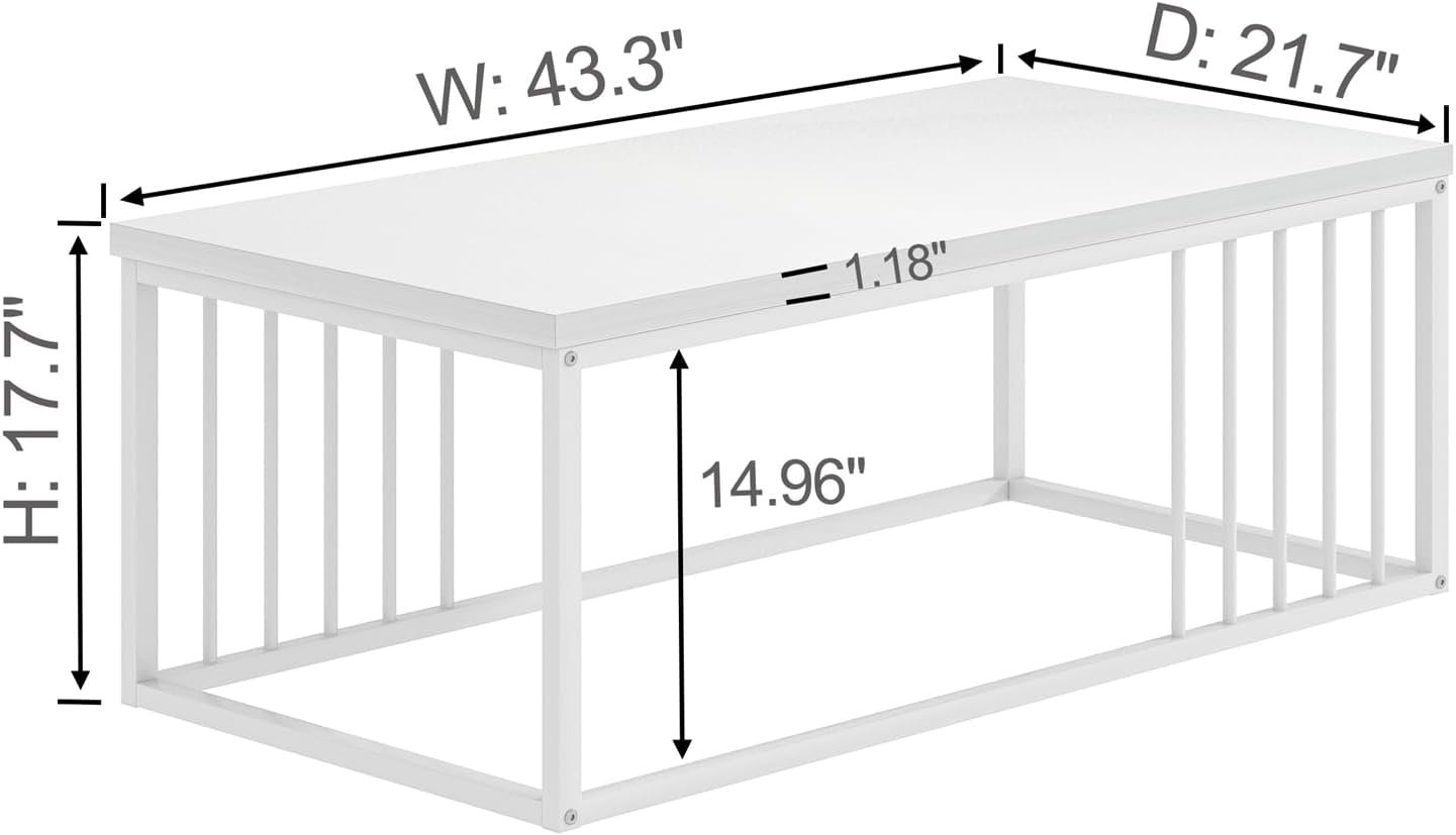 FOLUBAN White Coffee Table, Modern Rustic Wood and Metal Center Table, Industrial Rectangle Cocktail Tea Table for Living Room, White, 43.3 Inch