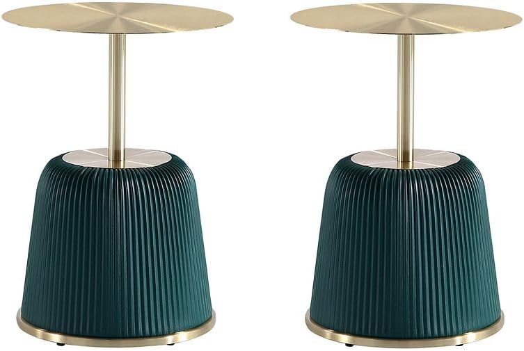 Manhattan Comfort Anderson Modern 15.75" Round End Tables 1.0 - Elegant Leatherette Upholstered Base with Pleated Design & Gold Steel Tabletop, Fully Assembled Accent Furniture, Set of 2, Green
