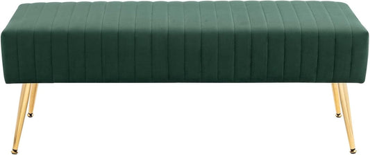 Furniliving 44 Inch Entryway Benches, Upholstered Tufted Striped Fabric Ottoman Bench with Polished Gold Metal Legs for Living Room, Solid Wood Indoor Bench for Foyer (DarkGreen)