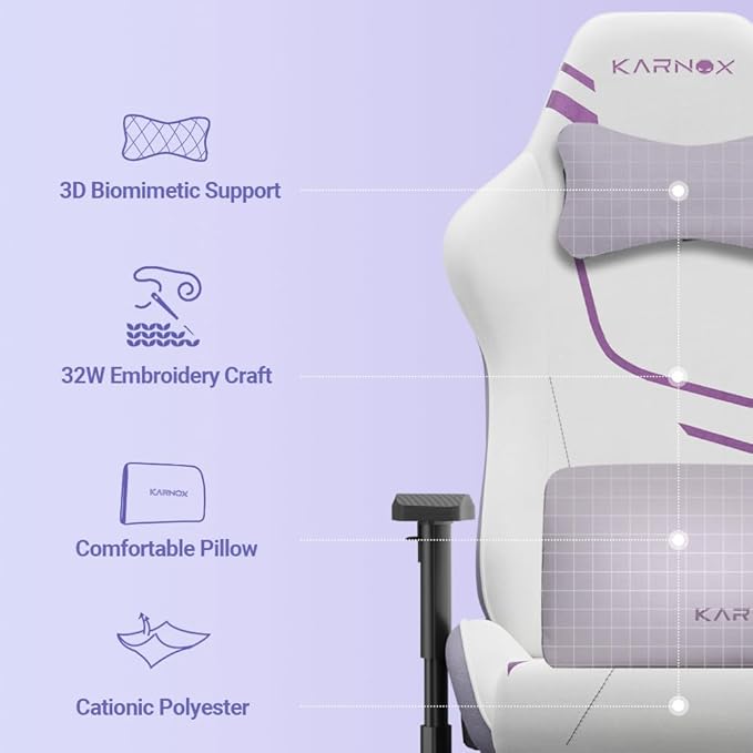 KORNOX Ergonomic Gaming Chair Fabric for Adults,Office Chair High Back,Game Chair Cloth Height Adjustable for Teens,Game Chair Racing with Headrest and Lumbar Support for Girl,White and Purple