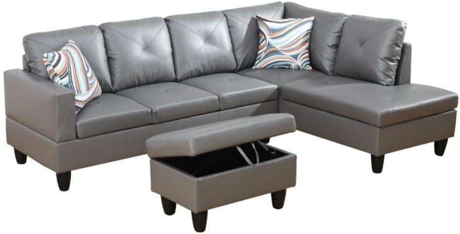 Dark Grey L-Shaped 3-Piece Faux Leather Sofa with Storage Ottoman Set, Sectional Couch Sofa Set for Living Room, Office, Small Space