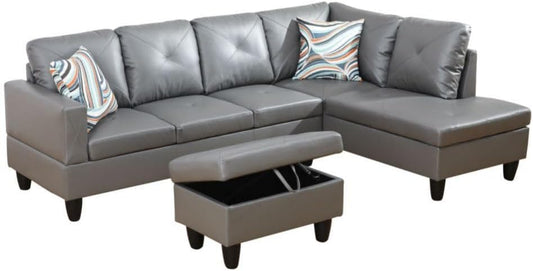 Dark Grey L-Shaped 3-Piece Faux Leather Sofa with Storage Ottoman Set, Sectional Couch Sofa Set for Living Room, Office, Small Space