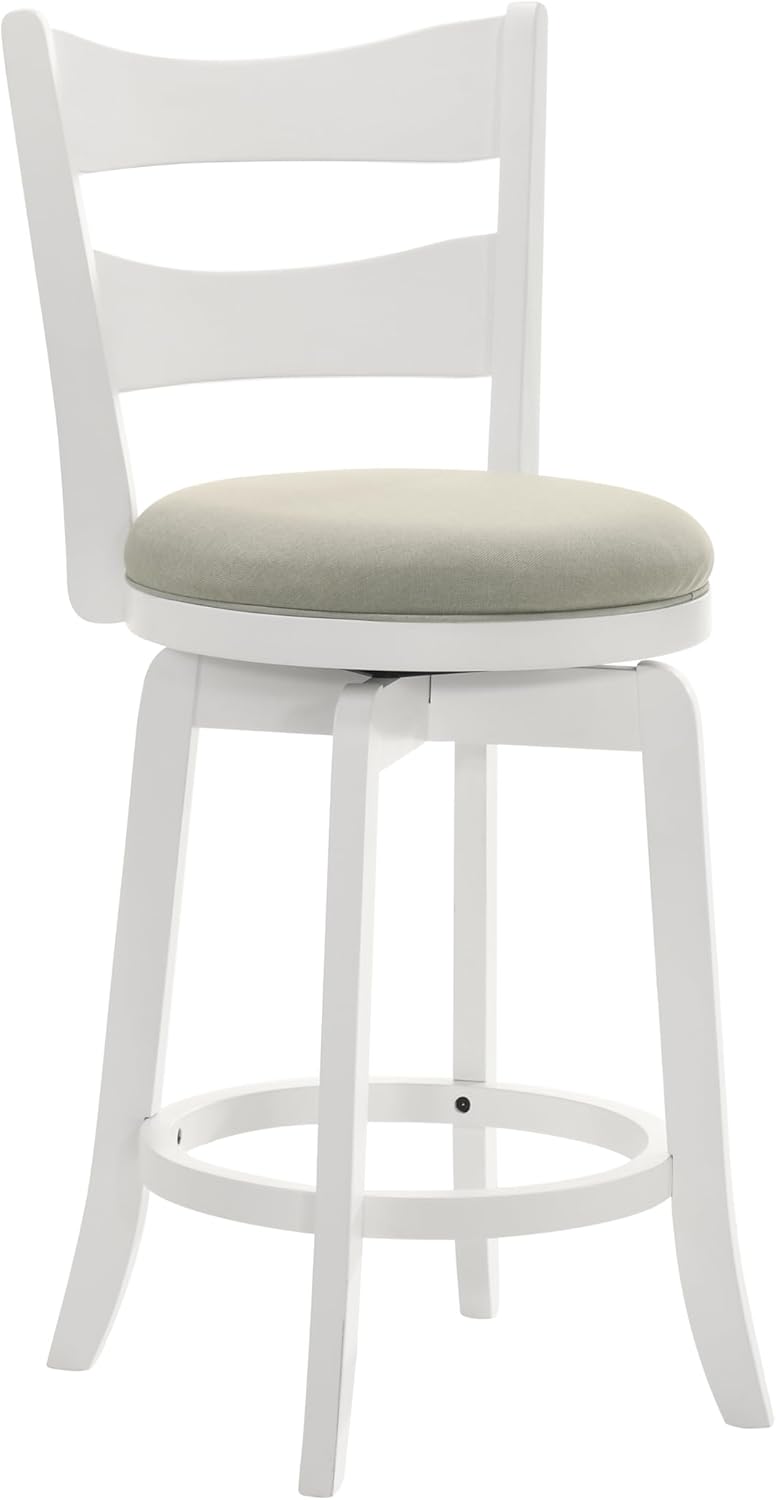 Armen Living Blair 30 in. Matte White Bar Height Rubberwood Swivel Barstool with Fog Fabric Seat - Set of 4