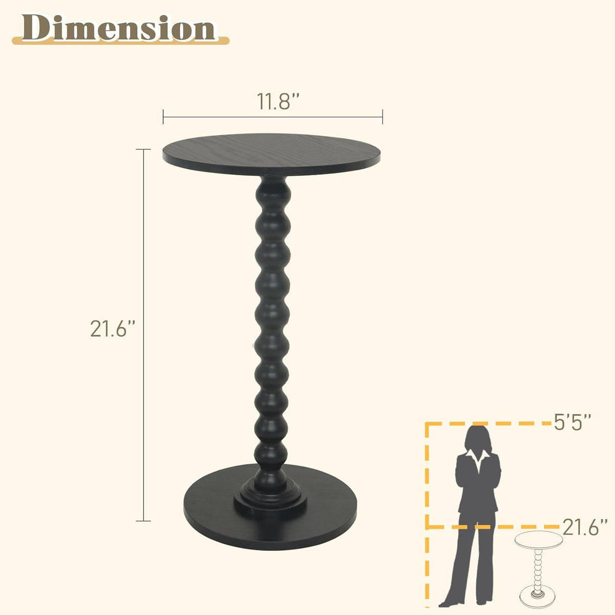 Round Side Table, Small Drink Table for Small Spaces, Modern Accent End Table Nightstand with Solid Wood Leg for Living Room, Bedroom, Corners, and Office (Black)