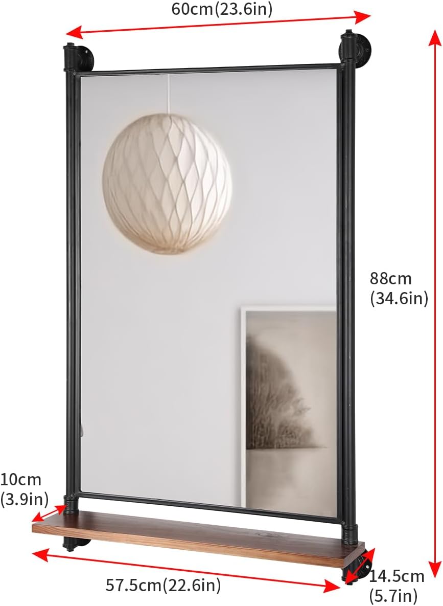 Industrial Pipe Mirror Wood Shelves,Bedroom Mirror with Shelf,Rectangle Iron Wall Mirrors for Living Room Bedroom(34.6 x 23.6 in)