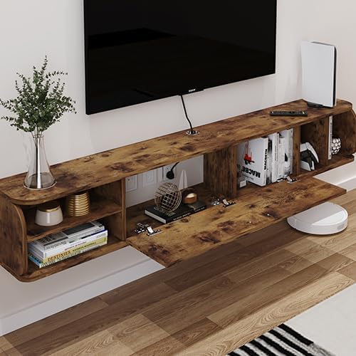 Floating TV Unit, 47'' Wall Mounted TV Cabinet, Floating Shelves with 4 Cabinets, Wooden Entertainment Media Console Center Large Storage TV Bench for Living Room & Office (Rustic Brown)