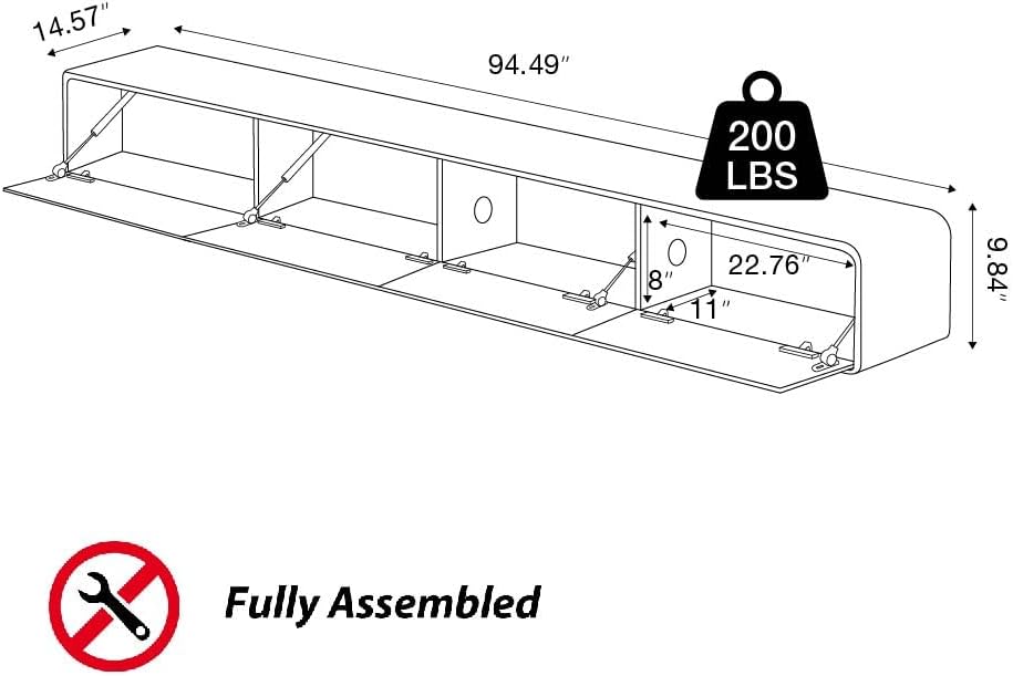 Fully-Assembled Minimalist Floating TV Stand, Modern Wall-Mounted Entertainment Center with 4 Flip-Down Cabinet Doors, Solid Wood Media Console, Black Oak, 94"