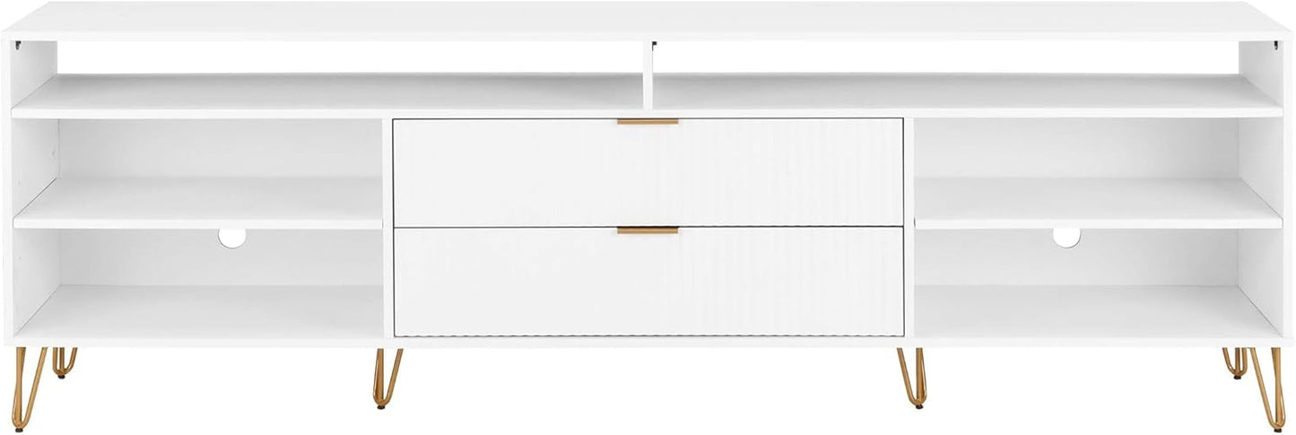 Manhattan Comfort Dumbo Mid Century Modern TV Stand for Televisions up to 80 Inches, Home Entertainment Center with Storage, 6 Shelves, 2 Drawers, No Tool Assembly, 85" Wide, White