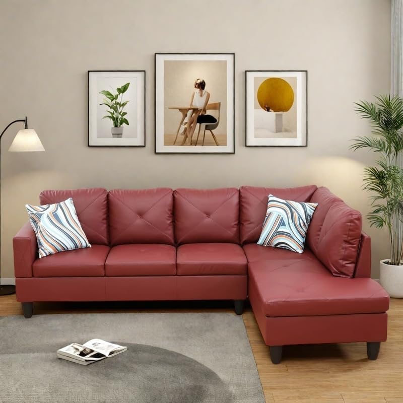 NAYSAYE L Shaped Couch, Leather Modular Sectional Couch with Ottoman Storage, Modern Lounge Sofa Convertible Sectional Couches for Living Room, Apartment, Red