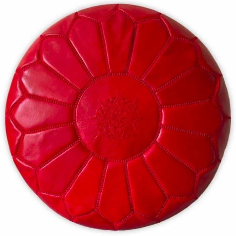 Stuffed Round Design Moroccan Leather Pouf Ottoman, Handmade, Pre-Filled, 100% Genuine Leather, 13” Height x 20” Diameter, Footstool & Living Room Décor (Red)