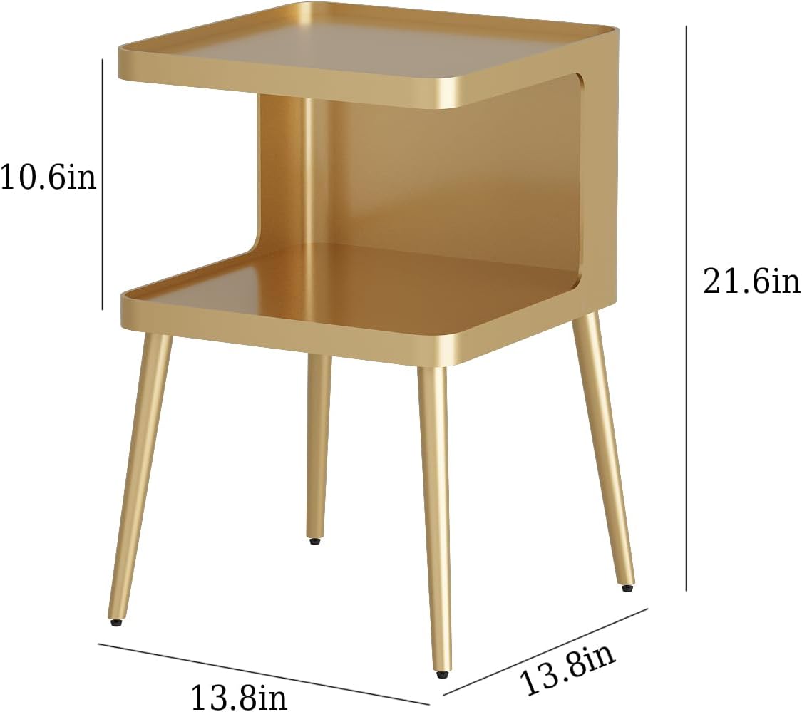 Gold Nightstand with Storage, 2 Tier Small End Tables Bedroom, Modern Side Tables Living Room with 4 Legs, Square Accent Table for Small Spaces Indoor Outdoor, Easy Assembly