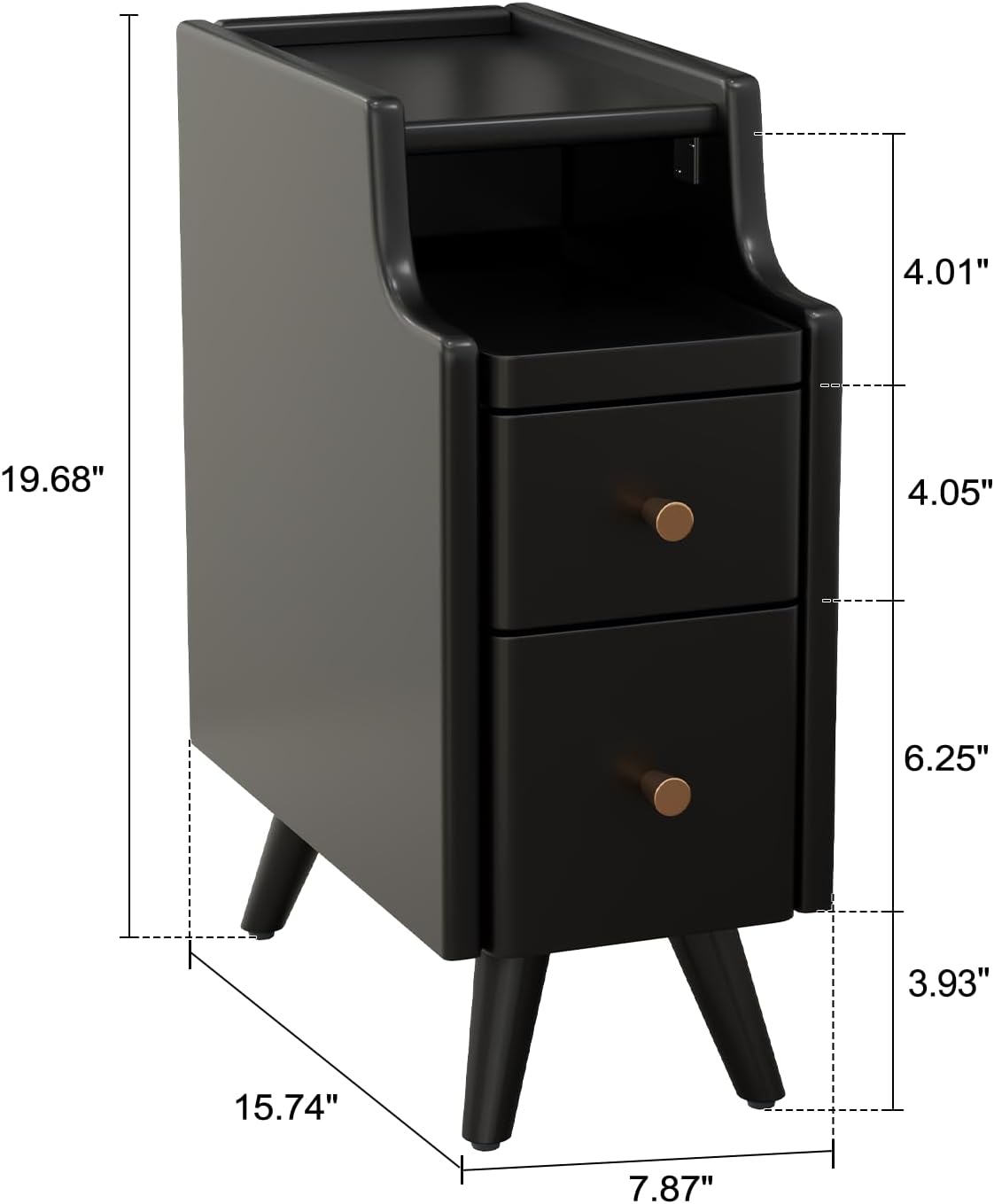 Narrow Nightstand with Drawers, Wood Bedside Table, Small Black Nightstand Set of 2