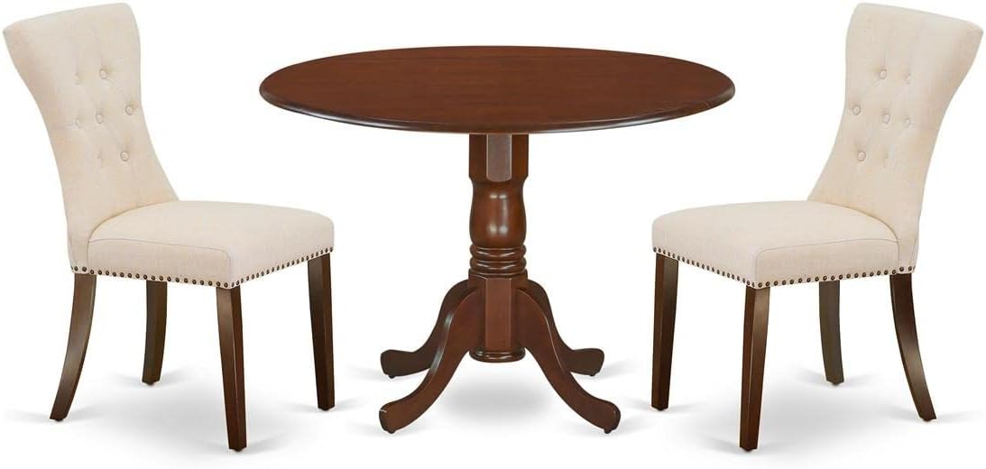 East West Furniture DLGA3-MAH-32 3 Piece Modern Dining Table Set Contains a Round Wooden Table with Dropleaf and 2 Light Beige Linen Fabric Parsons Dining Chairs, 42x42 Inch, Mahogany
