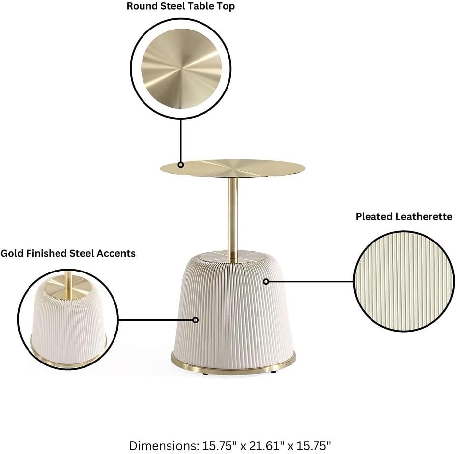 Manhattan Comfort Anderson Modern 15.75" Round End Tables 1.0 - Elegant Leatherette Upholstered Base with Pleated Design & Gold Steel Tabletop, Fully Assembled Accent Furniture, Set of 2, Cream