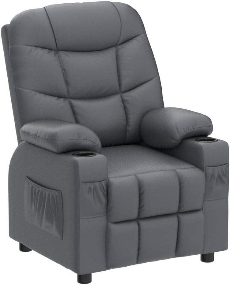 Costzon Kids Recliner Chair with Cup Holder, Adjustable Lounge Chair w/Footrest & Side Pockets for Children Boys Girls Room, Ergonomic Toddler Furniture Sofa, Kids Recliner (Grey)