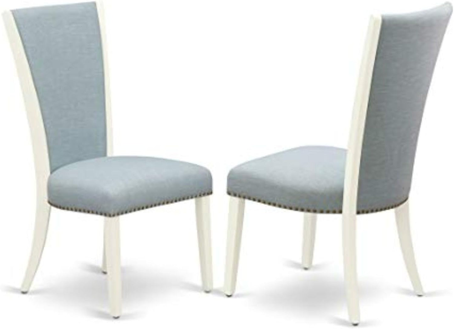 East West Furniture VEP2T15 Verona Parson Dining Chairs - Nailhead Trim Baby Blue Linen Fabric Padded Chairs, Set of 2, Linen White