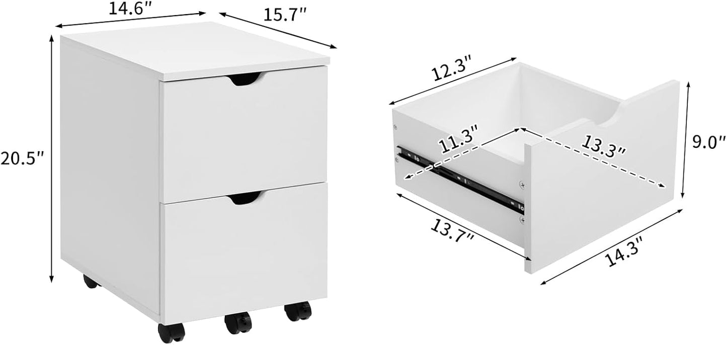 HollyHOME Under Desk Cabinet, Deep 2-Drawer Mobile Wood Cabinet, Storage Drawer for Home, Rolling Shelf for Office, Rolling Printer Stand, for A4, Modern, White