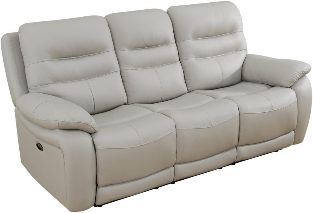 Electric Power Recliner Sofa Genuine Breathing Leather Recliner Couch 3-Seater, Comfy Wide Lazy Top Grain Leather Sofa with USB Port for Living Room (Grey, Three-Seater Sofa)
