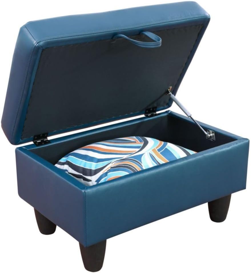 Deep Blue L-Shaped 3-Piece Faux Leather Sofa with Storage Ottoman Set, Sectional Couch Sofa Set for Living Room, Office, Small Space