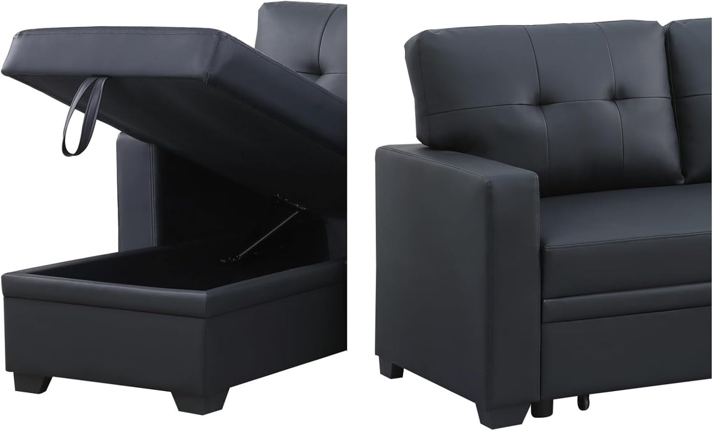 L-Shape Sofa Bed, 82" Sectional Couch with Storage Chaise, Pull Out Sleeper Sofa with Removable Back Cushions, Convertible Corner Couch for Living Room Apartment, Black