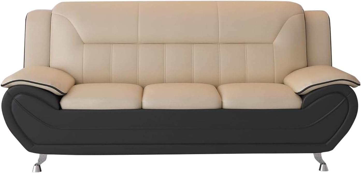 Container Furniture Direct Michael Modern Faux Leather Upholstered Stainless Steel Legs Living Room Sofa, Camel/Black