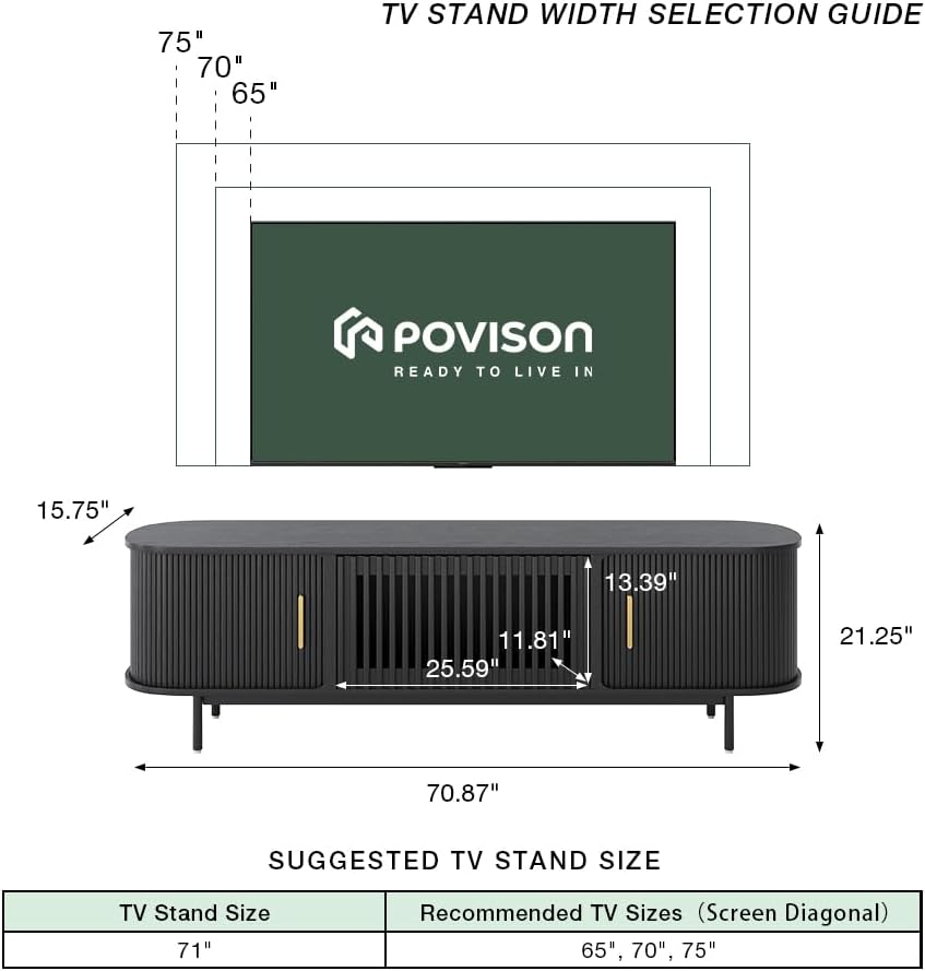 POVISON Sliding Tambour Door TV Stand with LED Lights, Mid Century Modern TV Console, Wood Media Console, Entertainment Center with Storage Cabinet, Fully-Assembled (Black, 70.87")