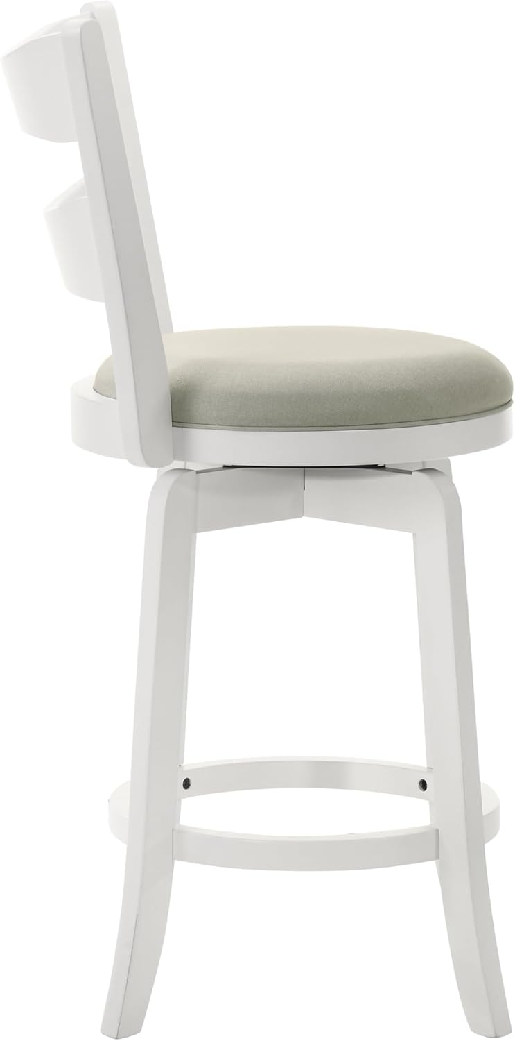 Armen Living Blair 30 in. Matte White Bar Height Rubberwood Swivel Barstool with Fog Fabric Seat - Set of 4