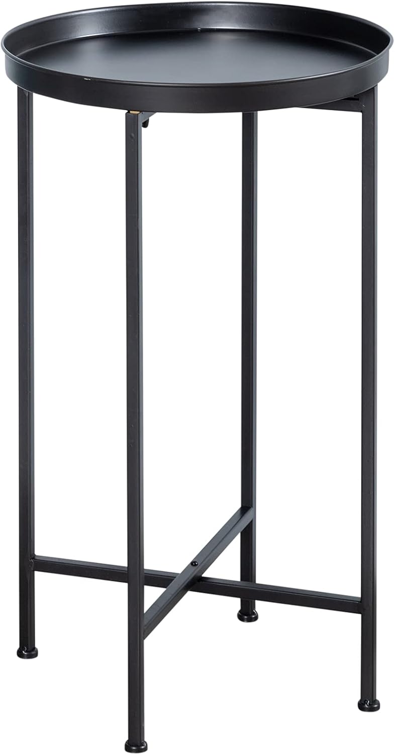 HollyHOME Small Round Metal Waterproof End Table, Accent Indoor&Outdoor Coffee Side Table, Snack Sofa Table for Living Room, Anti-Rust Decorative Plant Stand, (D) 14.5" x (H) 25", Black