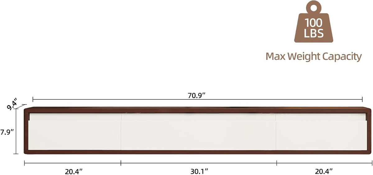 Floating TV Stand High Gloss,70'' Wall-Mounted TV Cabinet,Floating TV Console,Under TV Shelf with 3 Doors for Living Room Bedroom(Walnut+White)