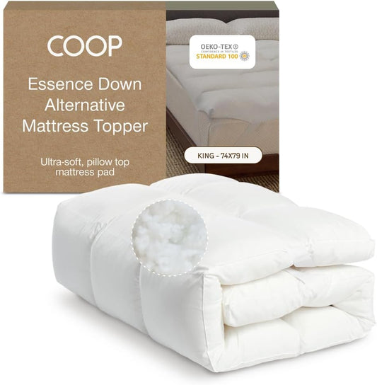Coop Home Goods Essence Down Alternative Mattress Topper King, Plush 2-Inch Gusset and Baffle Box Design for Even Support and Comfort, Premium Bed Topper for Pressure Relief, Oeko-TEX Certified