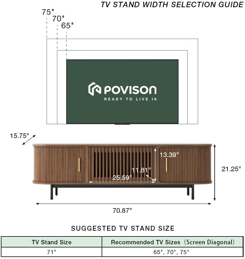 POVISON Fully-Assembled Mid Century Modern Black TV Stand with White Matte Travertine Stone Tabletop & LED Lights, Rolling Door Media Console, Wood TV Console for Living Room