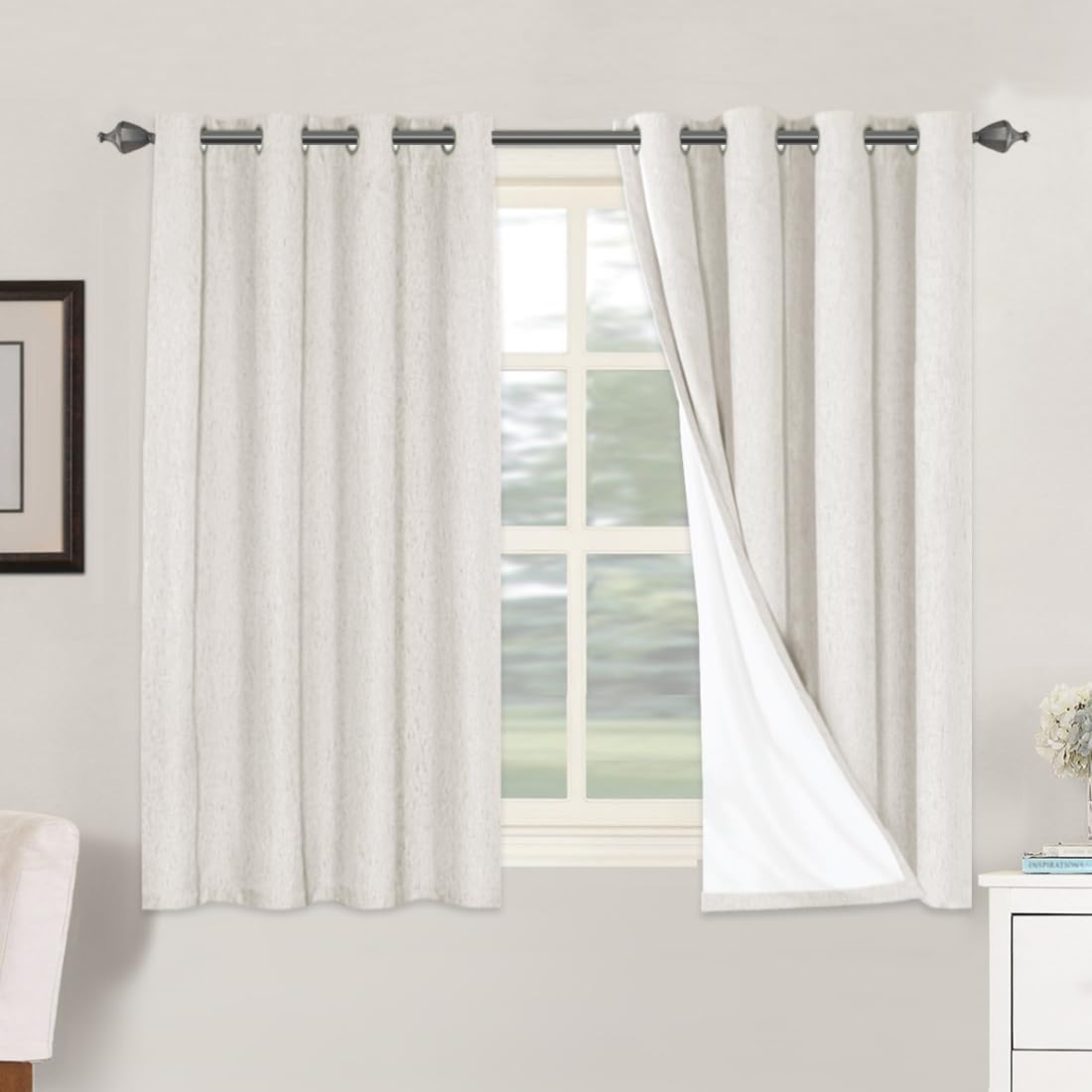 H.VERSAILTEX Primitive Linen Curtains 100% Blackout Curtain Drapes Burlap Fabric Curtains with White Thermal Insulated Liner, Grommet Top Curtains Living Room/Bedroom (2 Panels, 52 x 54 Inch, Ivory)