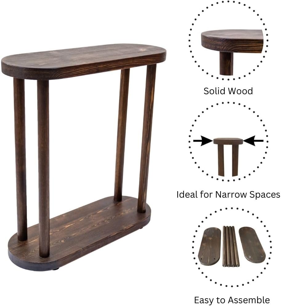Oval Solid Wood Narrow Side Table, Slim Small Pedestal Coffee Table for Living Room, Modern Minimalist Design for Small Spaces, Recliner Drink Table (Dark Walnut, Large)