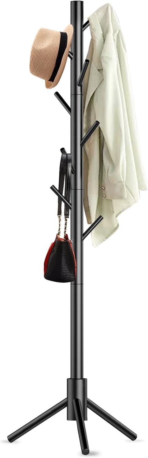 Wooden Coat Rack Stand, Freestanding Coat Rack with 8 Hooks, 3 Adjustable Size Coat Tree for Hats, Coats, Scarves bags, Coat Hanger Stand Used in Bedroom/Office/Entryway (Black)