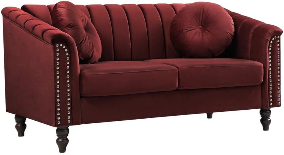 60" Loveseat Sofa, Microfiber Chesterfield Upholstered Sofas Love Seat, Couch Chair Sets with Style Button Tufted, Scroll Arms and Nailhead for Living Room, Office, Apartment-Red