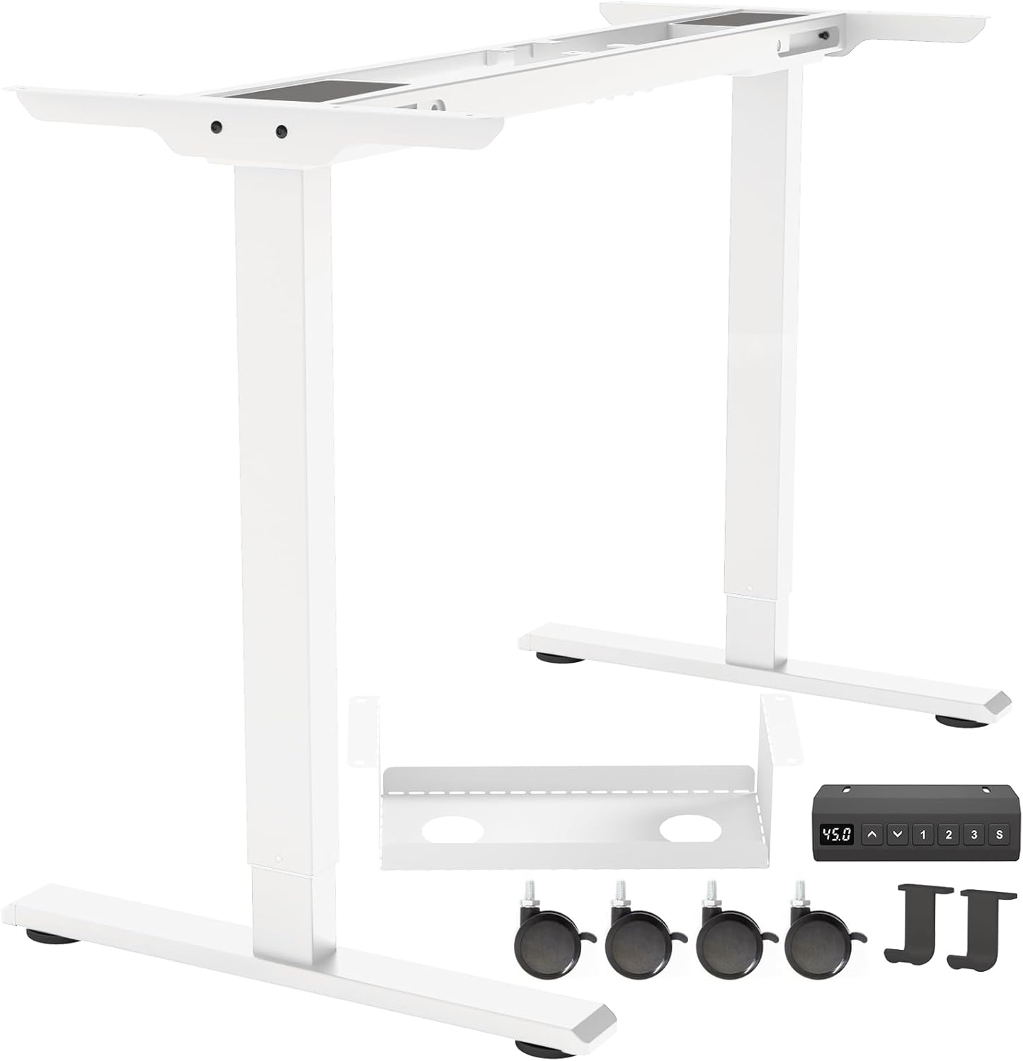 Dual Motor Standing Desk Frame, Electric Adjustable Legs with Memory Presets, Stand Up Desk Frame Workstation, with Cable Management Tray, Headphone Hook, Caster Wheels, for Home Office