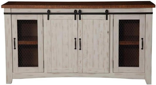 Martin Svensson Home Rustic 65” Solid Wood TV Stand with Storage, White and Aged Distressed Pine