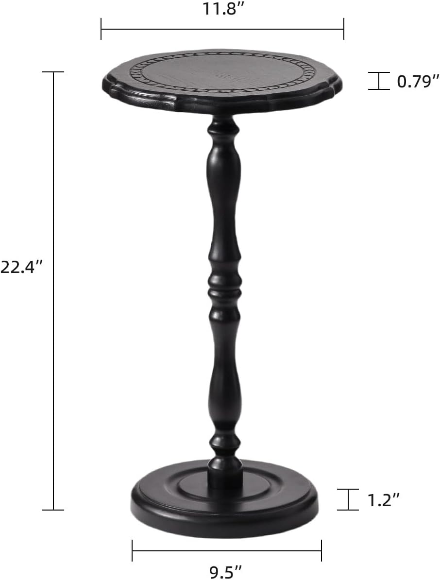 Drink Table, Small Side Table for Small Spaces, Round Solid Wood Modern Accent Nightstand for Living Room, Bedroom, Corners and Office, Black