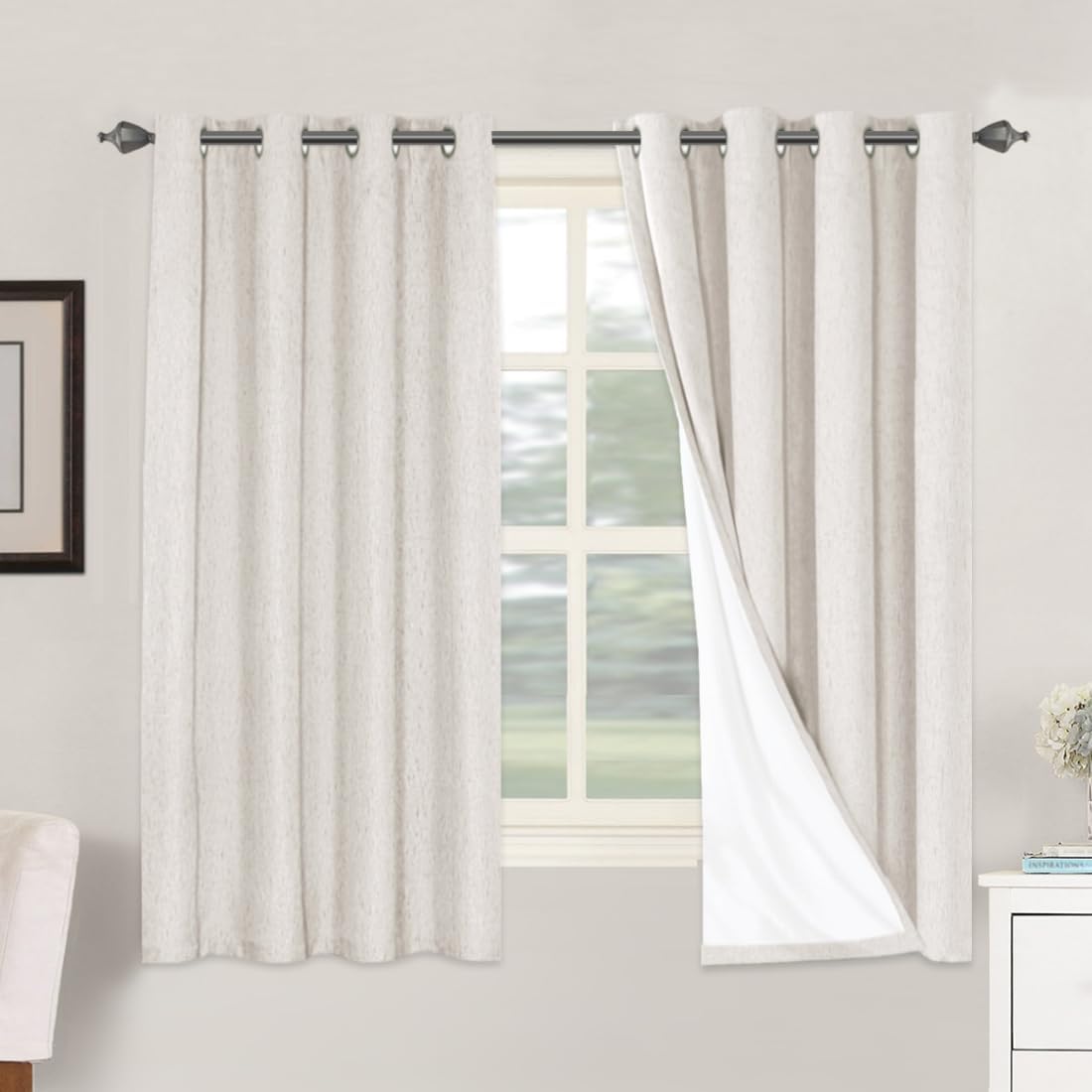 H.VERSAILTEX Linen Blackout Curtains 63 Inches Long 100% Absolutely Blackout Thermal Insulated Textured Linen Look Curtain Draperies Anti-Rust Grommet, Energy Saving with White Liner, 2 Panels, Ivory