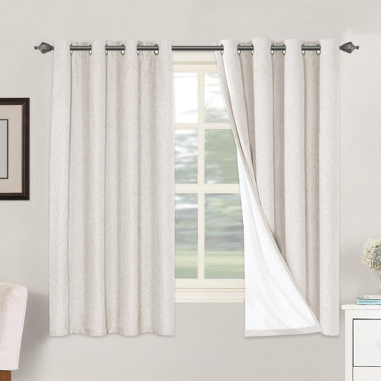 H.VERSAILTEX Linen Blackout Curtains 63 Inches Long 100% Absolutely Blackout Thermal Insulated Textured Linen Look Curtain Draperies Anti-Rust Grommet, Energy Saving with White Liner, 2 Panels, Ivory
