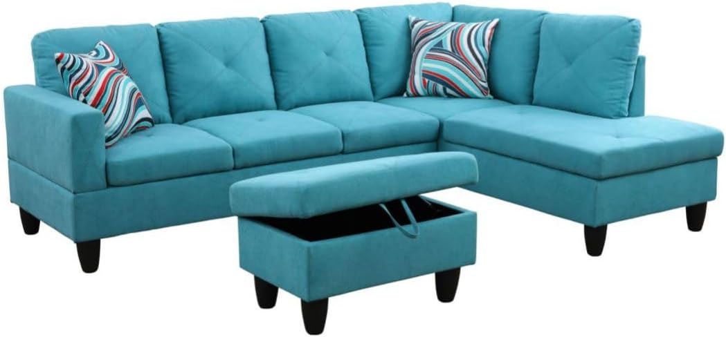 Light Blue L-Shaped 3-Piece Linen Sofa with Storage Ottoman Set, Sectional Couch Sofa Set for Living Room, Office, Small Space