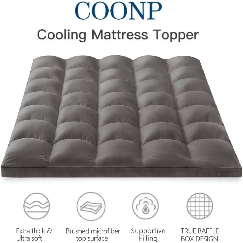 COONP Full Mattress Topper, Extra Thick Pillowtop, Cooling Plush Mattress Pad Cover Bed Topper Protector with 8-21 Inch Deep Pocket (Grey, Full)